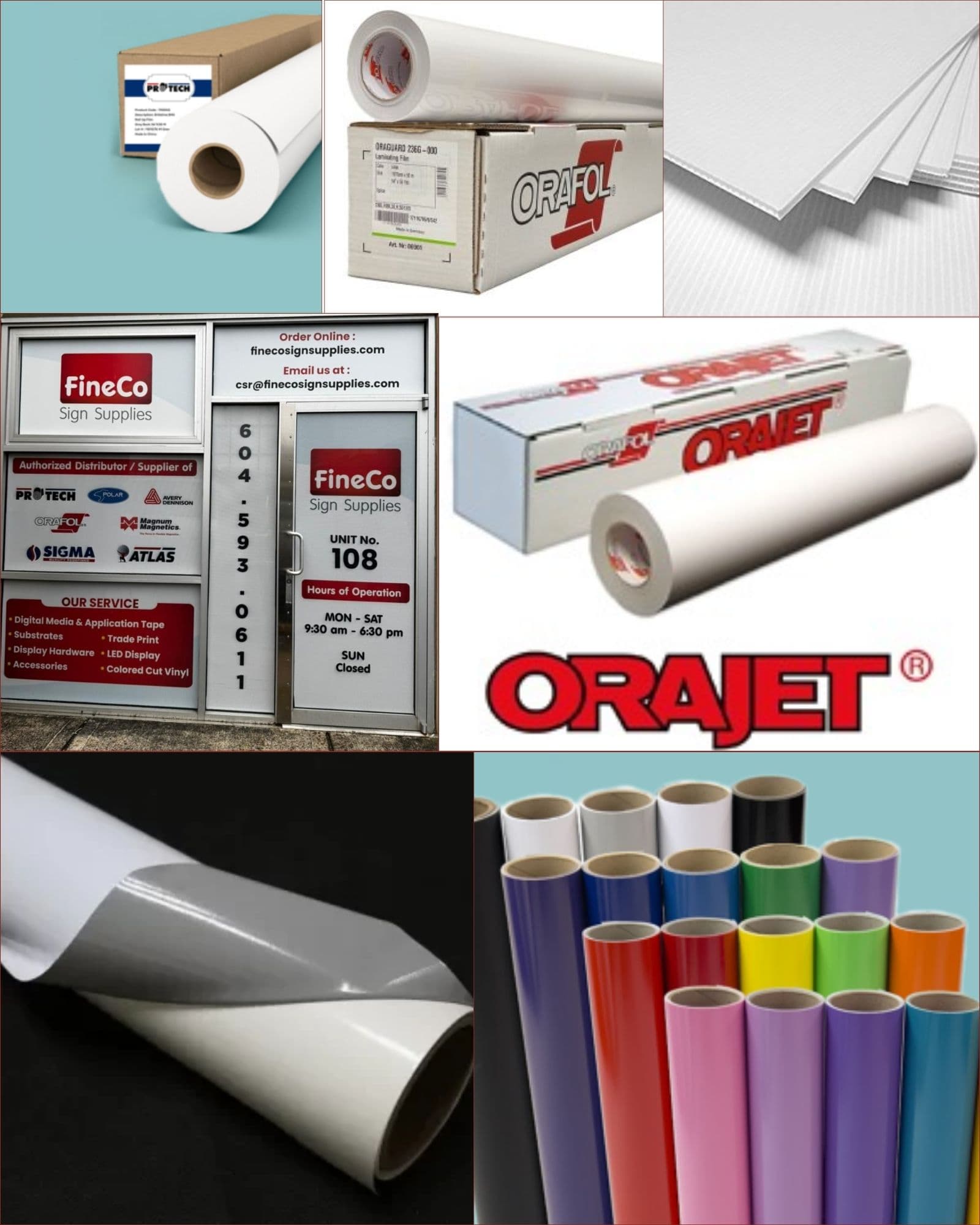 FineCo sign and print supplies: vinyl, banners, acrylic, and materials collage